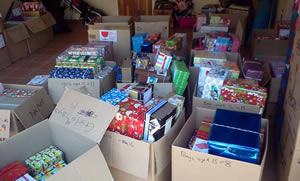 Donated shoeboxes ready for distribution