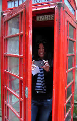 Inside a classic red phone booth