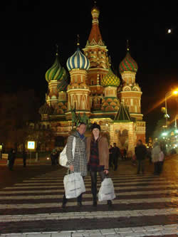 Polly and friend in front of Saint Basil's