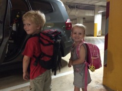 Philip and Sienna getting ready for kindergarten - we drive there in our rented car